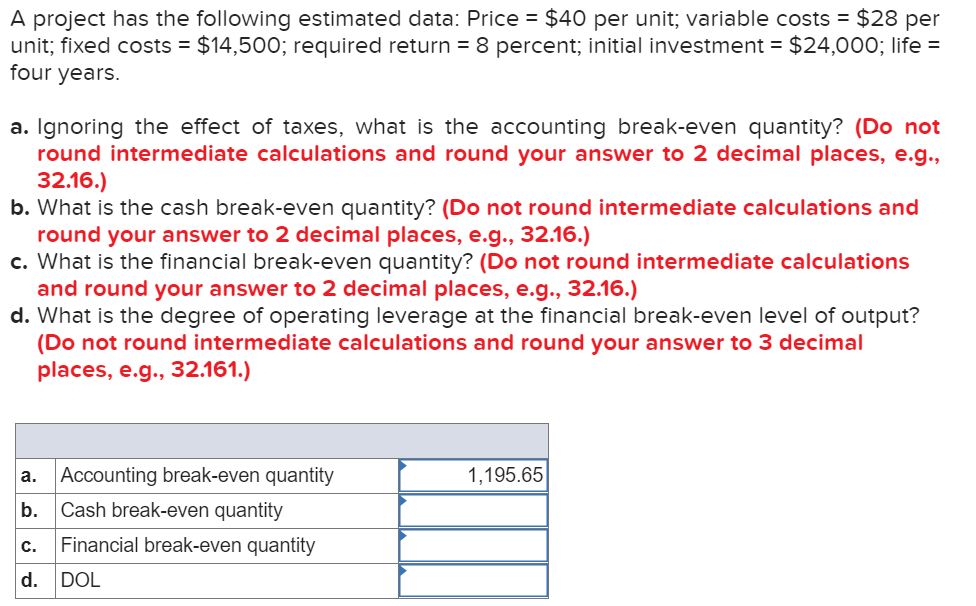  A project has the following estimated data: Price = $40 per