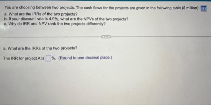  a-c You are choosing between two projects. The cash flows for