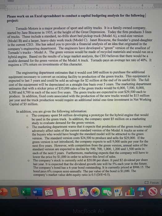 Create a capital budgeting analysis in Excel. Please work on an Excel
