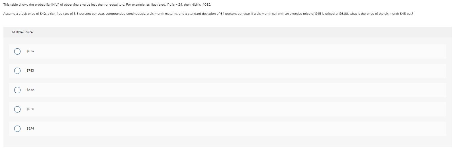 has been provided. For example, if d is -.24 then N(d) is