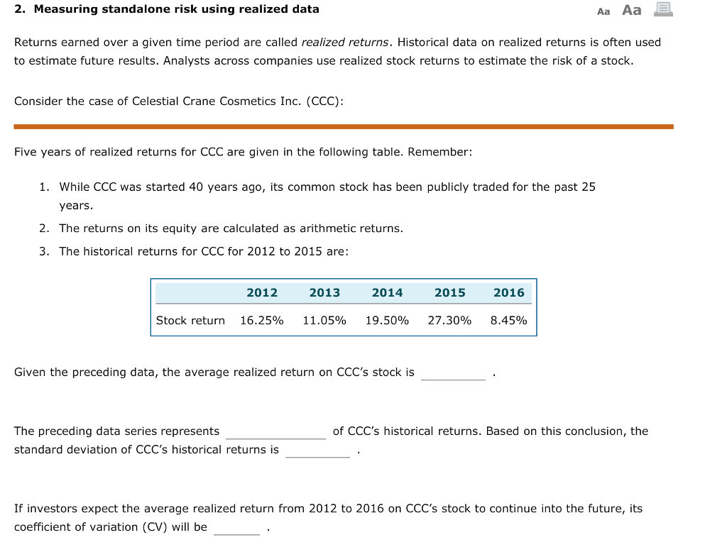  2. Measuring standalone risk using realized data Aa Aa Returns earned