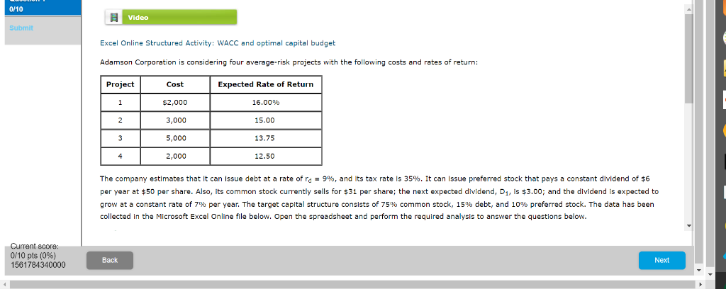 0/10 Video Submit Excel Online Structured Activity: WACC and optimal capital