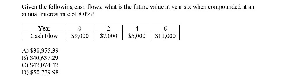  Given the following cash flows, what is the future value at