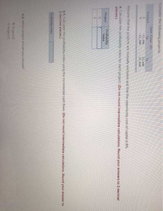  Consider the following projects: Cash Flows ($) Project D Ce C1