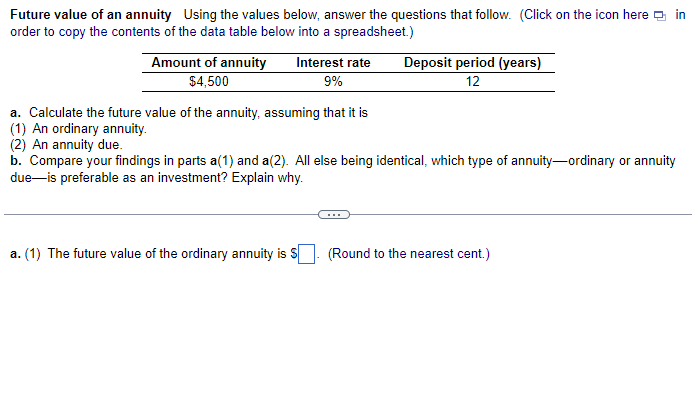 Future value of an annuity Using the values below, answer the