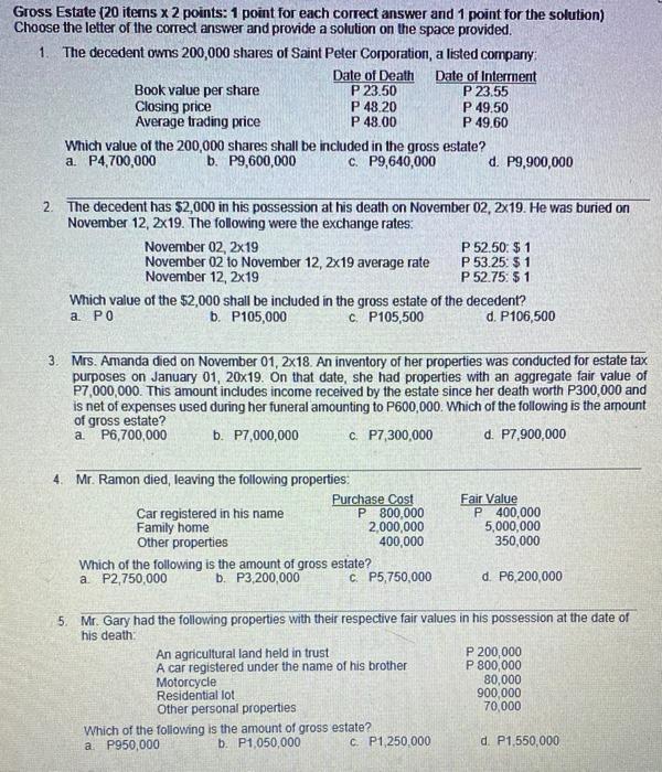  Gross Estate (20 items x 2 points: 1 point for each