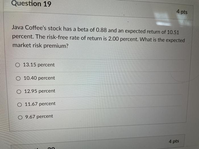  Question 19 4 pts Java Coffee's stock has a beta of