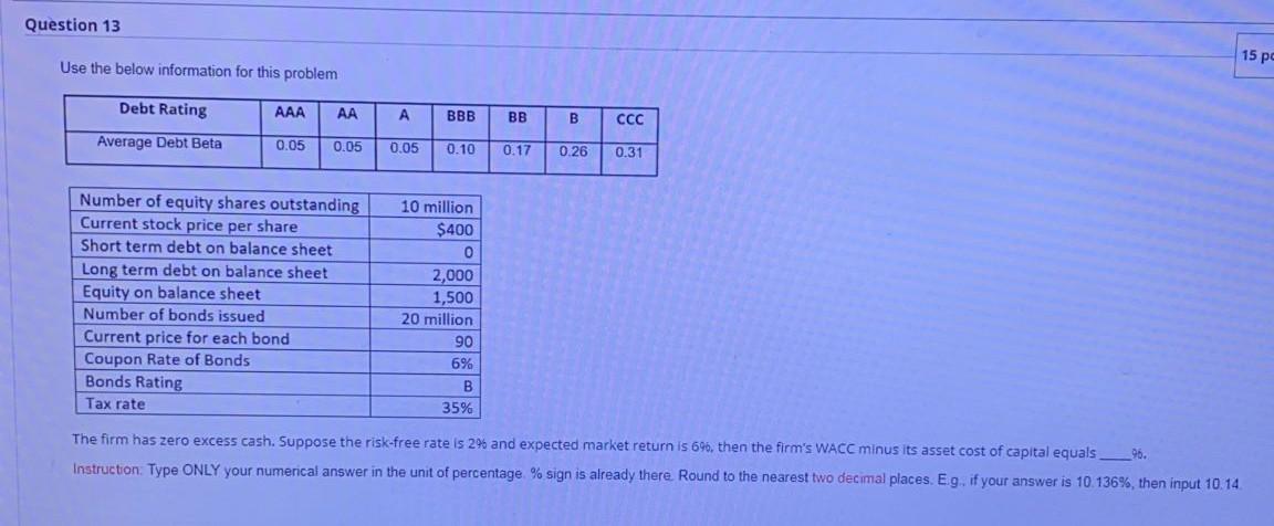 Question 13 15 pc Use the below information for this problem
