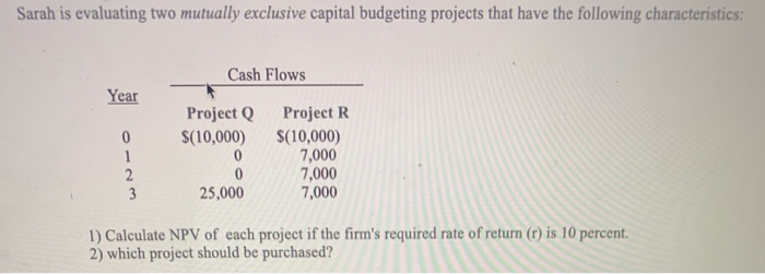  Sarah is evaluating two mutually exclusive capital budgeting projects that have