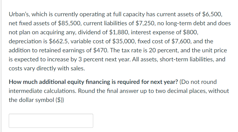  Urban's, which is currently operating at full capacity has current assets