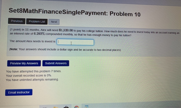  Set8 Math Finance Single Payment: Problem 10 Previous Problem List Next