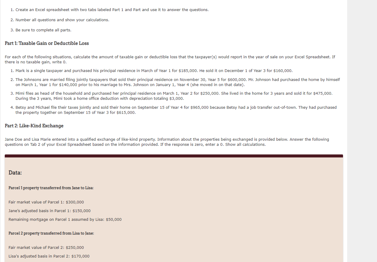  1. Create an Excel spreadsheet with two tabs labeled Part 1