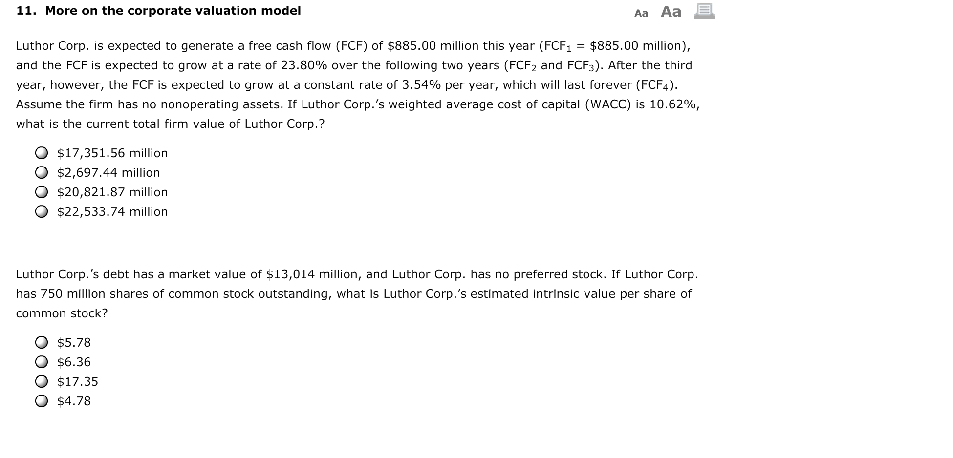  11. More on the corporate valuation model Aa Aa E Luthor