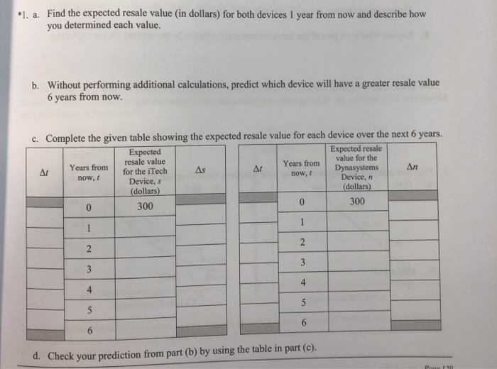  1. a. Find the expected resale value (in dollars) for both