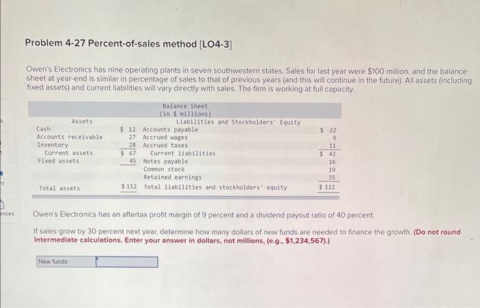  Problem 4-27 Percent-of-sales method [LO4-3] Owen's Electronics has nine operating plants