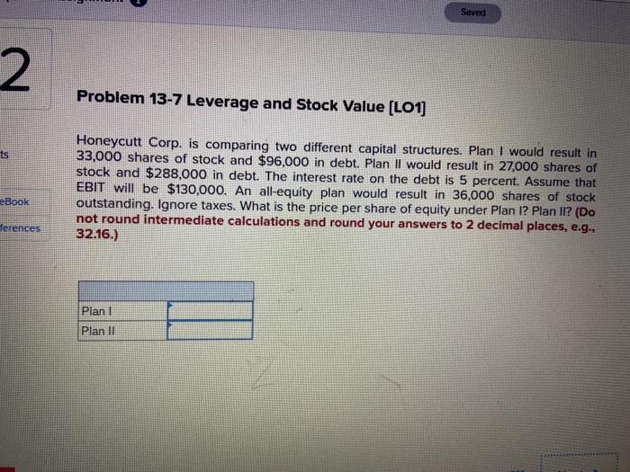  Saved 2 Problem 13-7 Leverage and Stock Value (L01) Honeycutt Corp.