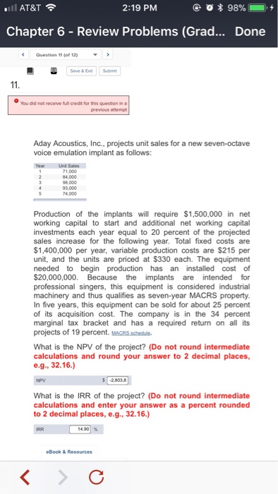  .ill AT&T 2:19 PM Chapter 6-Review Problems (Grad... Done Question 11