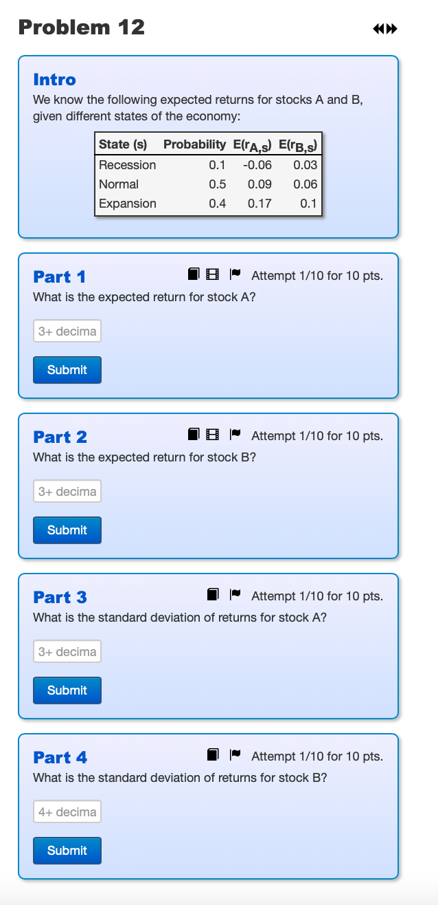 Problem 12 Intro We know the following expected returns for stocks