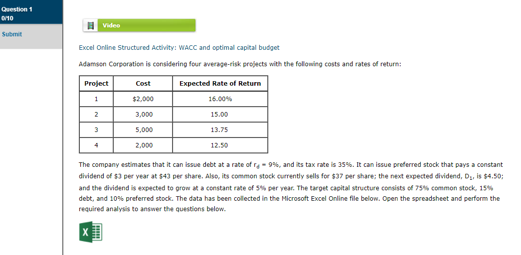 Question 1 0/10 Video Submit Excel Online Structured Activity: WACC and