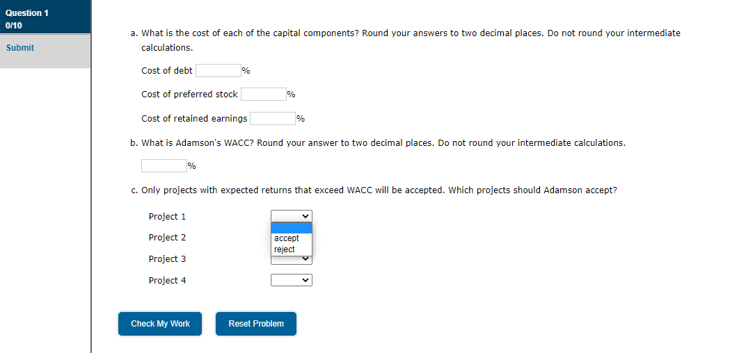 following costs and rates of return: Project Cost Expected Rate of Return