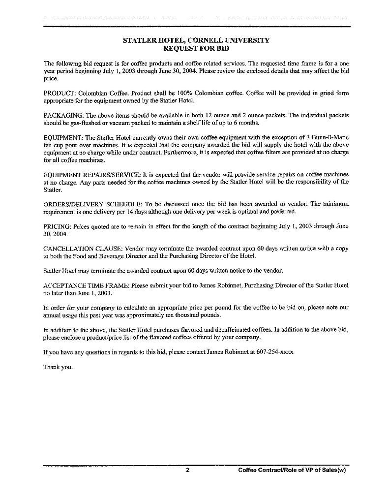 FEB Director, Statler Hotel You are Sandy Graml, Director of Food \&