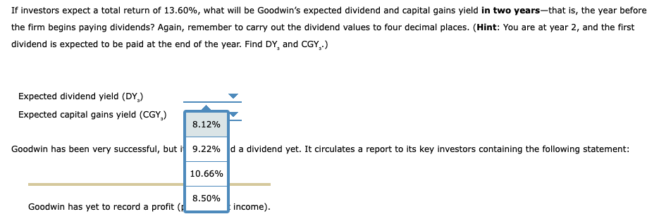 dividend. An analyst forecasts that Goodwin is likely to pay its first