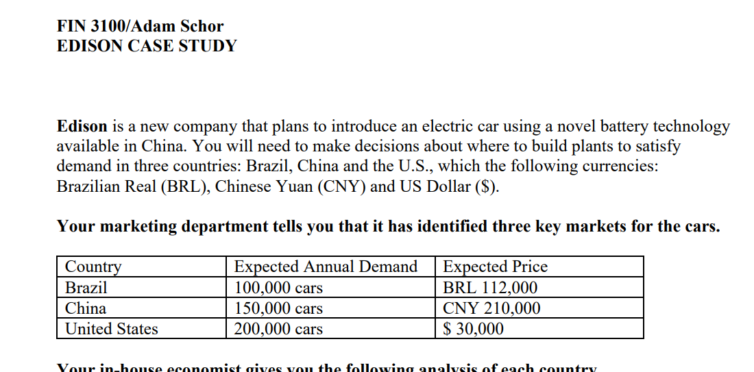  FIN 3100/Adam Schor EDISON CASE STUDY Edison is a new company