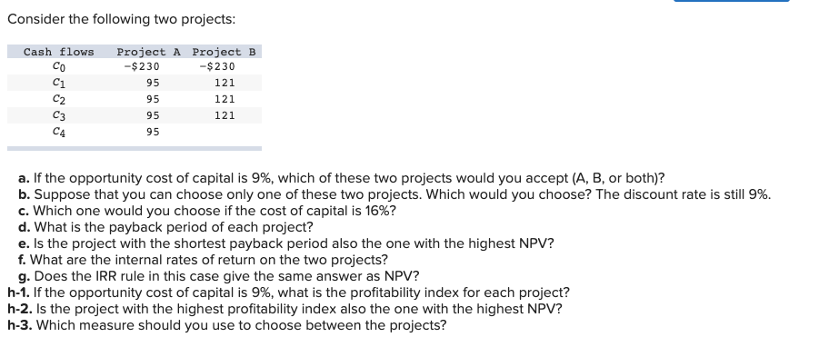 Consider the following two projects: Project A Project B -$230 Cash