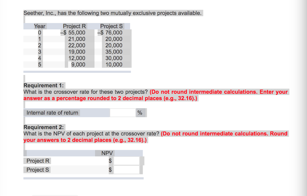 Seether, Inc., has the following two mutually exclusive projects available. Year