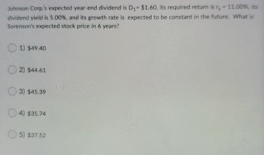 Johnson Corp.'s expected year-end dividend is D = $1.60, its required