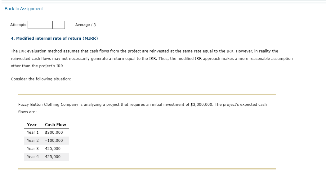  Back to Assignment Attempts Average/3 4. Modified internal rate of return