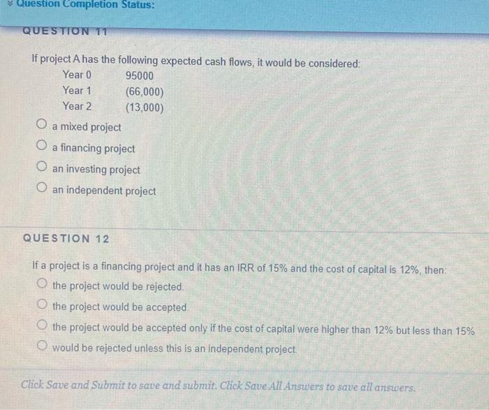  Question Completion Status: QUESTION TT If project A has the following