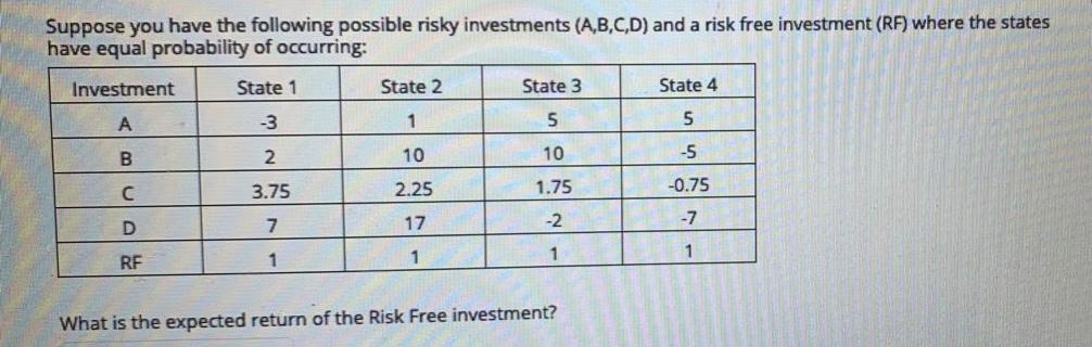 where the states have equal probability of occurring: Investment State 1 State