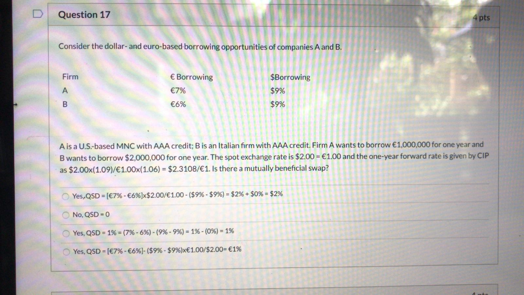  Question 17 4 pts Consider the dollar- and euro-based borrowing opportunities