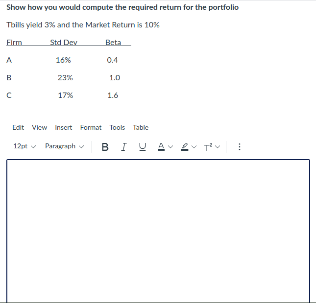 Show how you would compute the required return for the portfolio