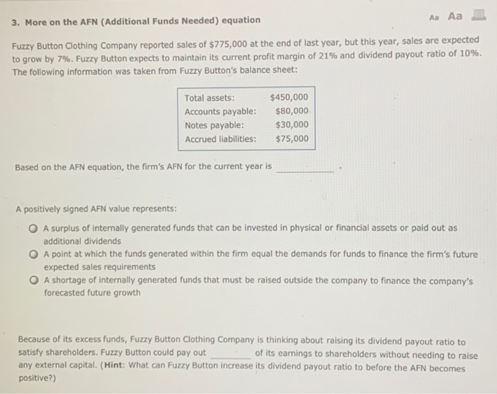  Aa Aa E 3. More on the AFN (Additional Funds Needed)