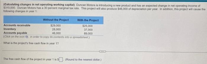 solve (Calculating changes in net operating working capital) Duncan Motors is introducing