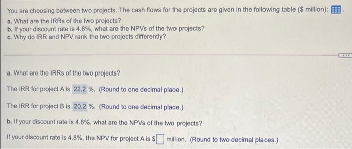  You are choosing between two projects. The cash flows for the