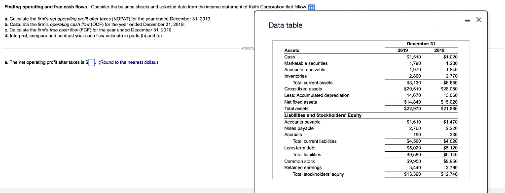  Finding operating and free cash flows Consider the balance sheets and