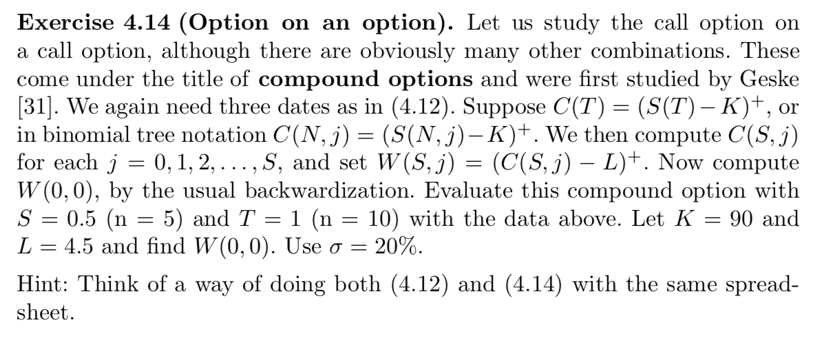  Exercise 4.14 (Option on an option). Let us study the call