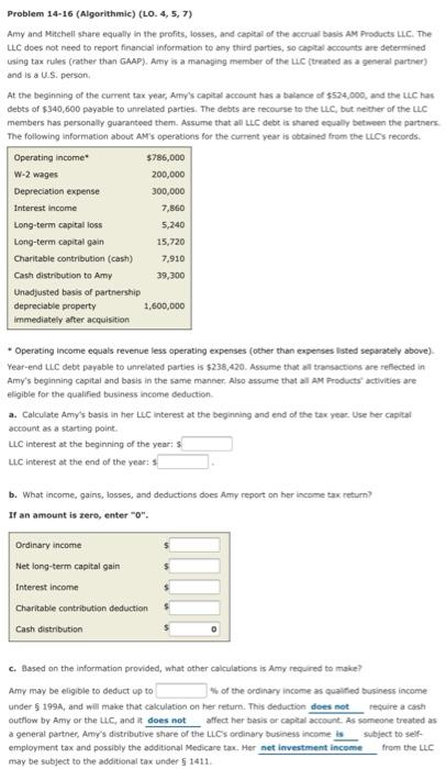  Problem 14-16 (Algorithmic) (LO.4,5,7) Amy and Mitchell share equally in the