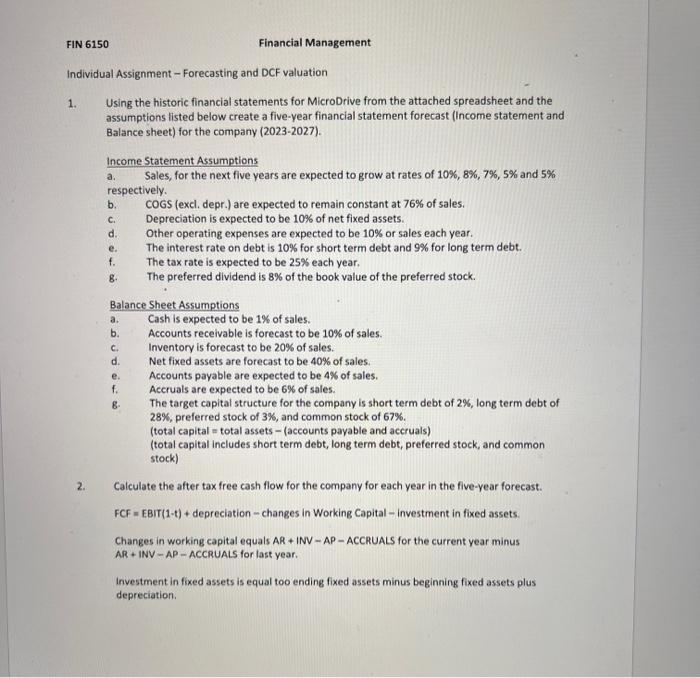  FIN 6150 Individual Assignment - Forecasting and DCF valuation Using the