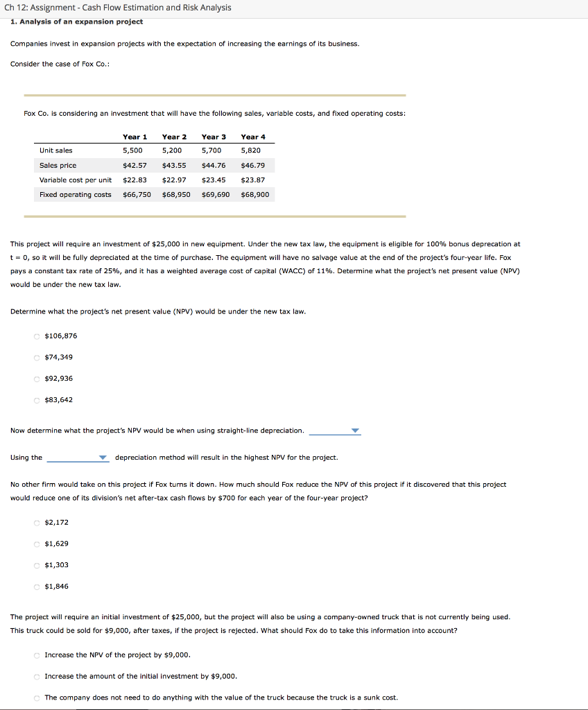 Ch 12: Assignment - Cash Flow Estimation and Risk Analysis 1.