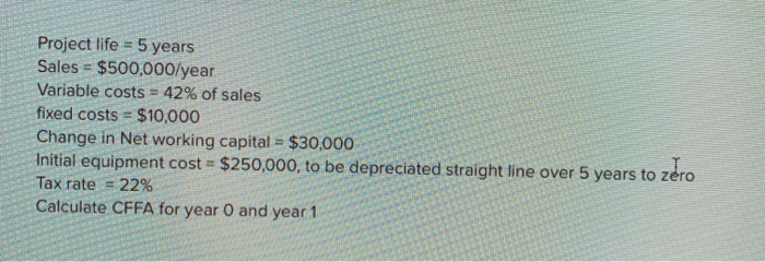  Project life = 5 years Sales = $500,000/year Variable costs =