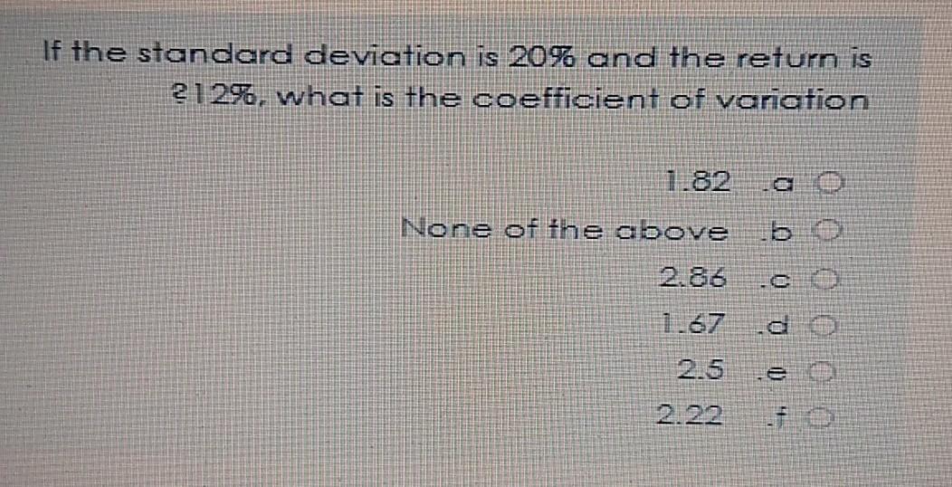 If the standard deviation is 20% and the return is 12%, what