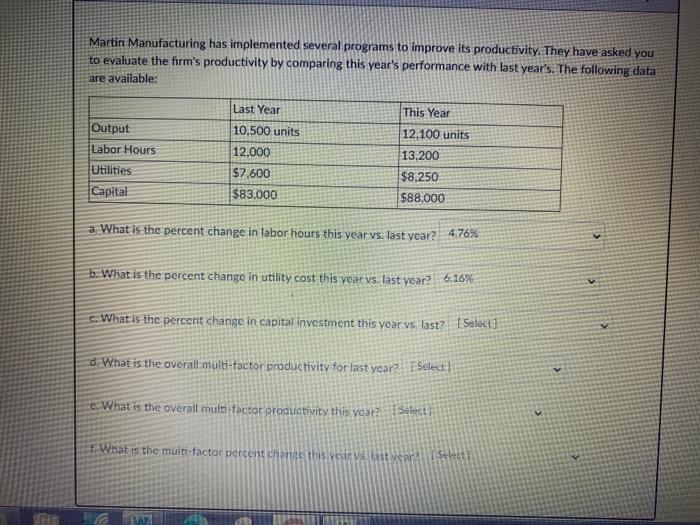  Martin Manufacturing has implemented several programs to improve its productivity. They
