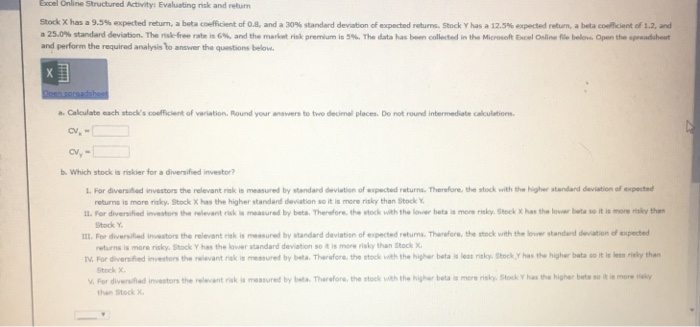  Excel Online Structured Activity: Evaluating risk and return Stock x has