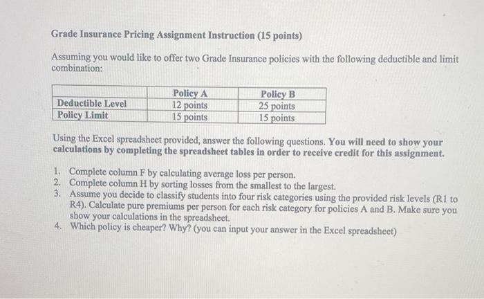  Grade Insurance Pricing Assignment Instruction (15 points) Assuming you would like