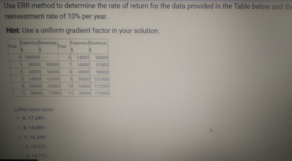  Use ERR method to determine the rate of return for the