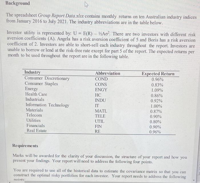  Background The spreadsheet Group Report Data.xlsx contains monthly returns on ten